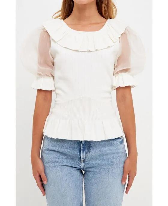 Women's Organza Puff Sleeve Knit Top with Ruffled Neck