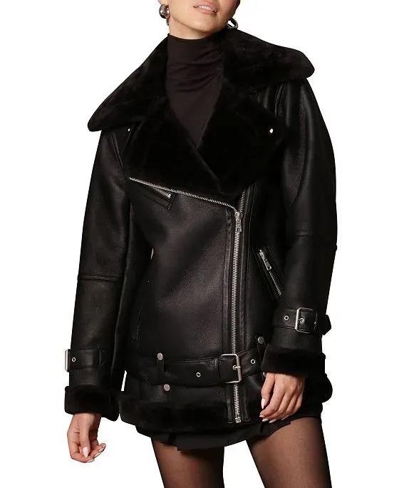 Women's Oversized Faux-Fur-Trim Moto Jacket