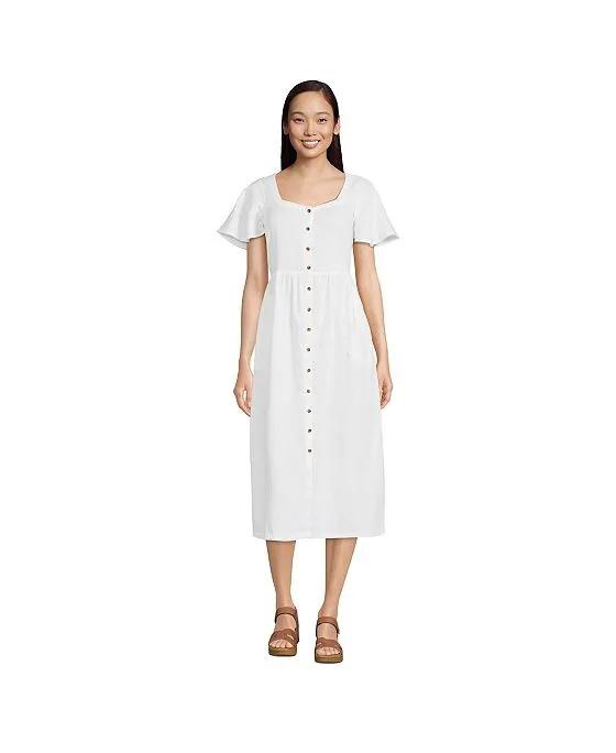 Women's Petite Linen Sweetheart Button Front Midi Dress