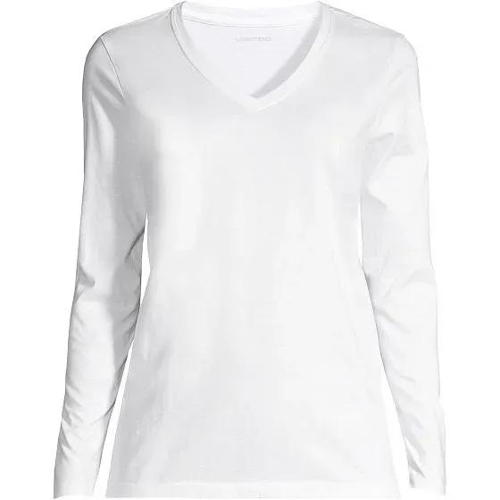 Women's Petite Relaxed Supima Cotton Long Sleeve V-Neck T-Shirt