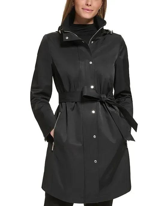 Women's Petite Zip-Front Hooded Belted Raincoat