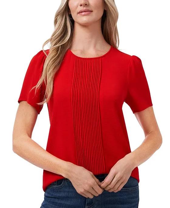 Women's Pin Tucked Front Short Sleeve Crew Neck Blouse