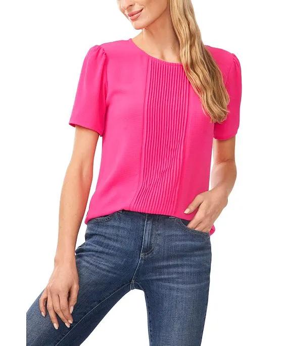 Women's Pin Tucked Front Short Sleeve Crew Neck Blouse