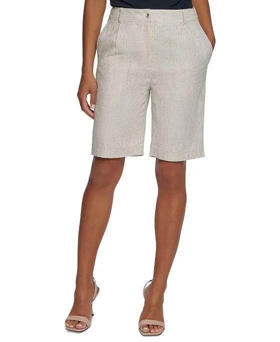 Women's Pinstriped Pleat-Front Linen Shorts
