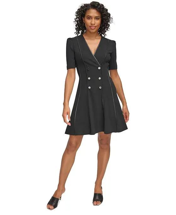 Women's Piped Button-Front Fit & Flare Dress