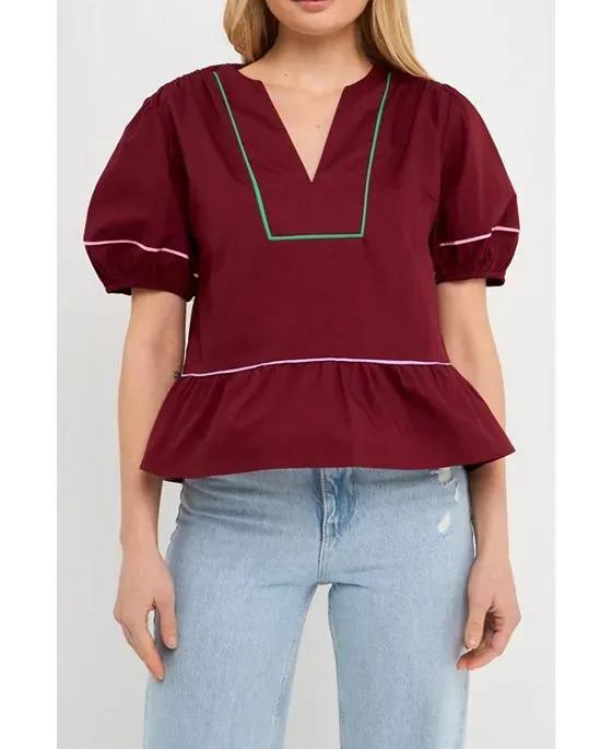 Women's Piping Detail Top with Short Puff Sleeves