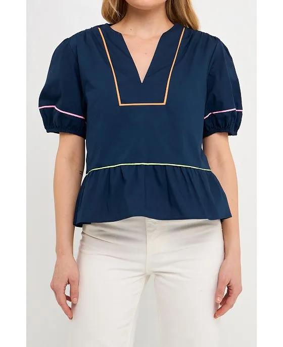 Women's Piping Detail Top with Short Puff Sleeves
