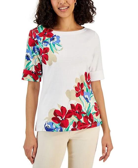 Women's Placed Floral Print Elbow-Sleeve Top, Created for Macy's