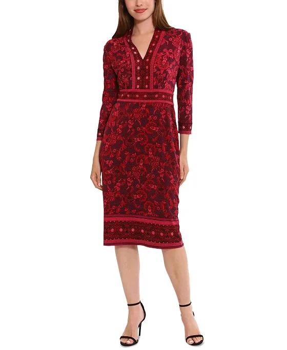 Women's Placed Print 3/4-Sleeve Jersey Sheath Dress