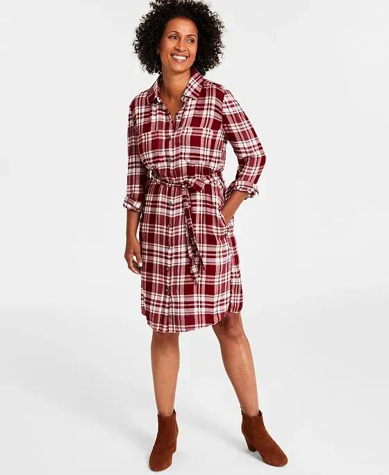 Women's Plaid Belted Long-Sleeve Shirt Dress, Created for Macy's