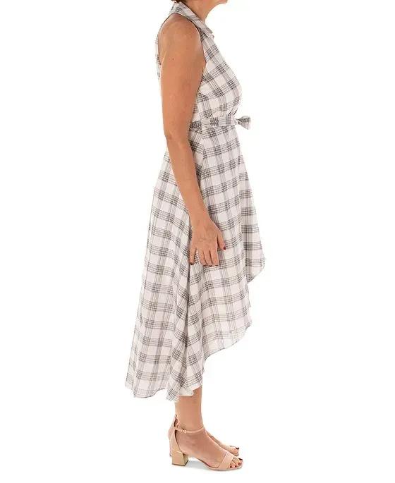 Women's Plaid Cotton Collared Belted Dress