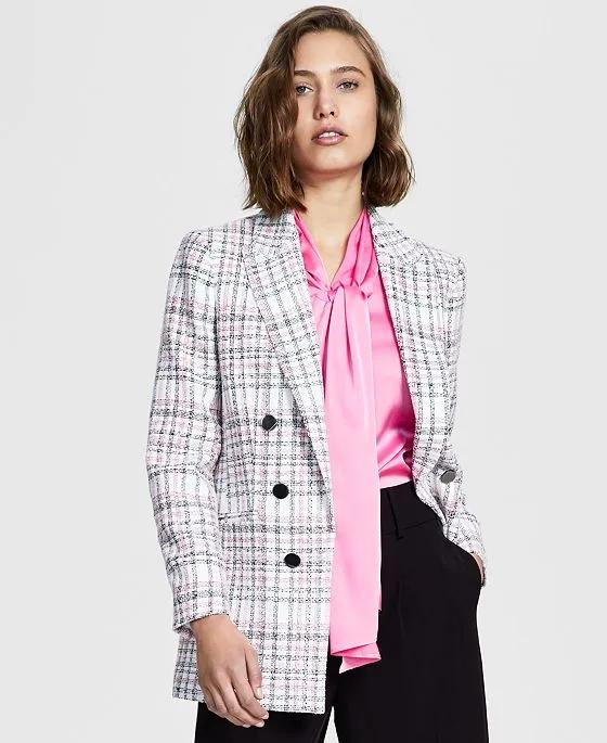 Women's Plaid Open-Front Faux-Double-Breasted Blazer, Created for Macy's