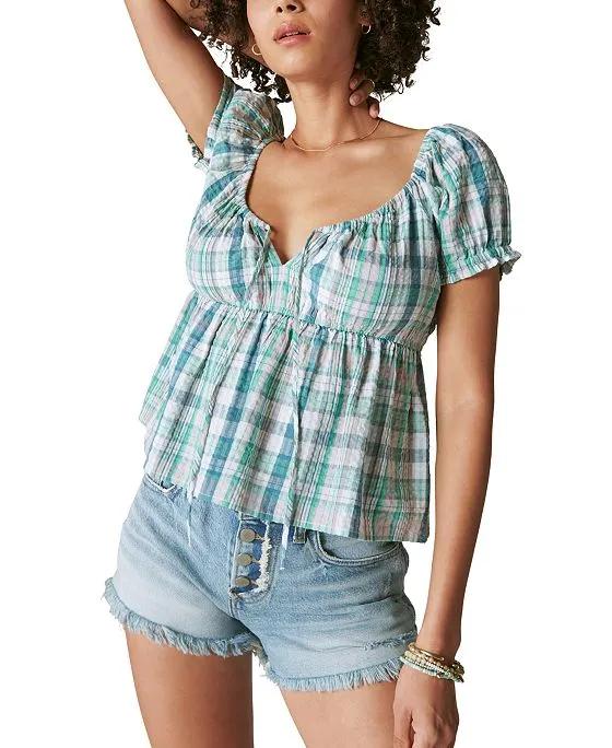 Women's Plaid Tie-Front Babydoll Top