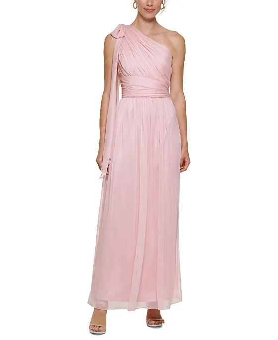 Women's Pleated Bow-Trim One-Shoulder Gown