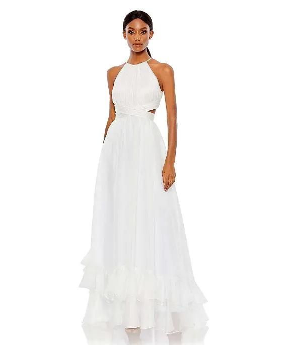 Women's Pleated Criss Cross Cut Out Halter Neck Gown