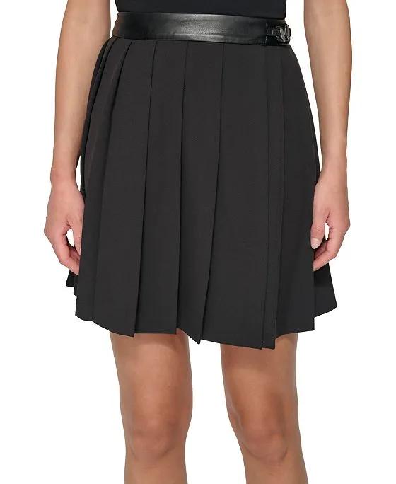 Women's Pleated Faux-Leather-Trim Mini Skirt