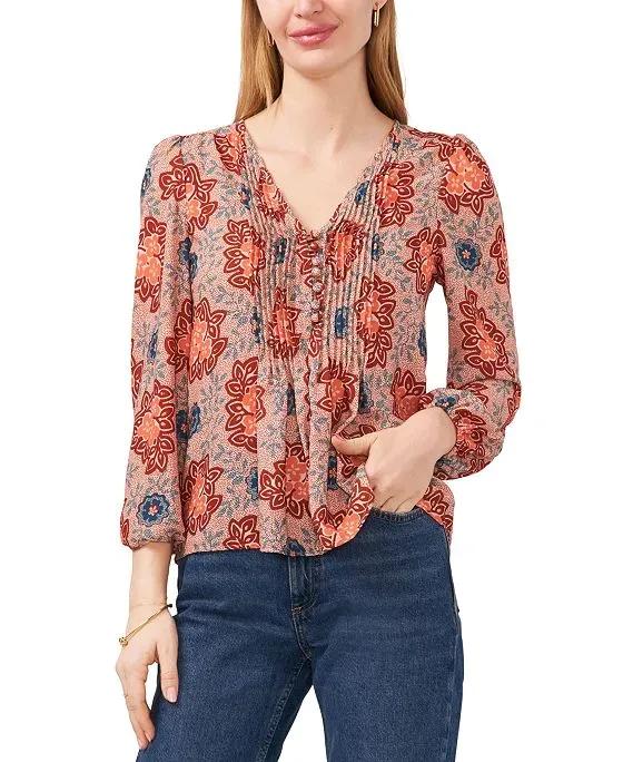 Women's Pleated Floral-Print Peasant Top