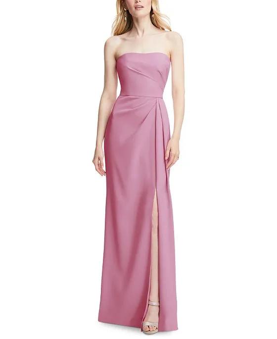 Women's Pleated High-Slit Strapless Evening Gown