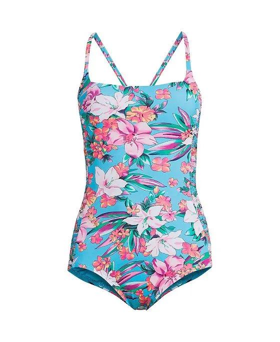 Women's Plus Size Chlorine Resistant Smocked Square Neck One Piece Swimsuit with Adjustable Straps