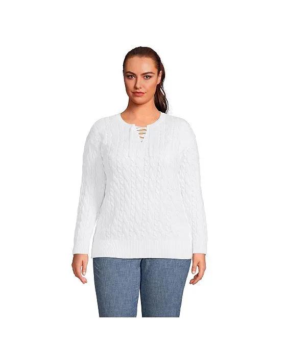 Women's Plus Size Drifter Cotton Cable Lace Up Sweater Top