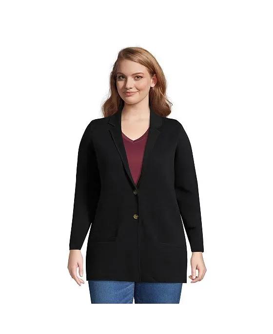 Women's Plus Size Fine Gauge Cotton Button Front Blazer Sweater