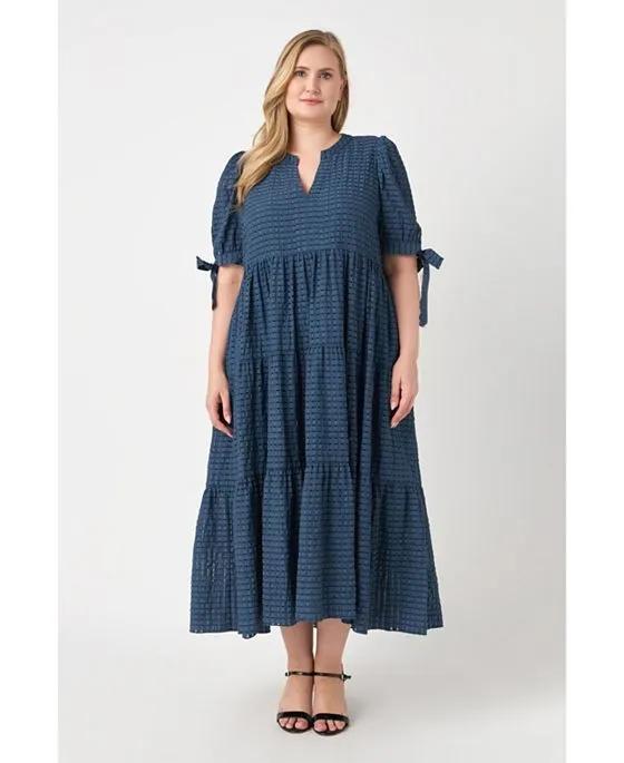 Women's Plus size Gingham Tiered Midi Dress with Bow Tie Sleeves