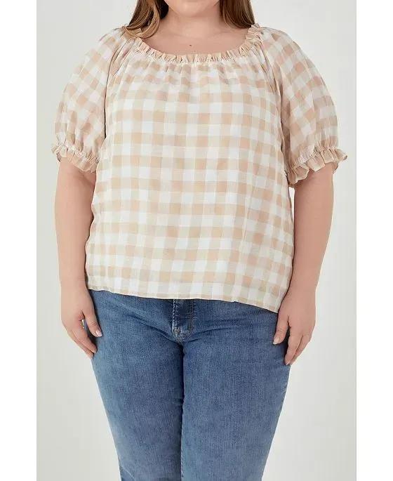 Women's Plus size Gingham Top with Short Puff Sleeves