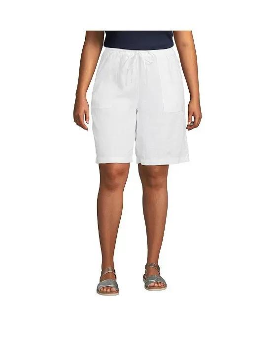 Women's Plus Size High Rise Pull On Elastic Waist 10" Linen Bermuda Shorts