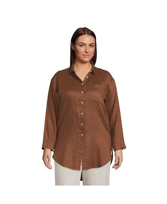 Women's Plus Size Linen Long Sleeve Oversized Extra Long Tunic Top
