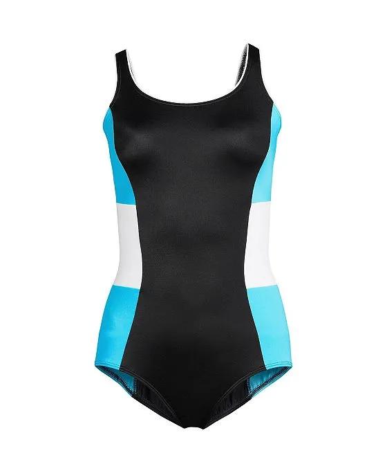 Women's Plus Size Long Scoop Neck Soft Cup Tugless Sporty One Piece Swimsuit