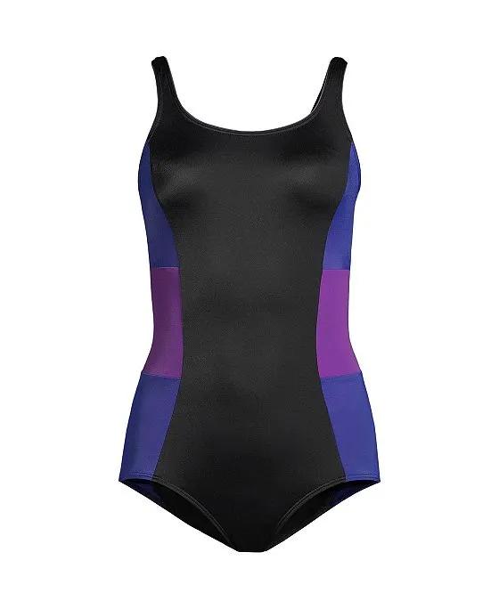 Women's Plus Size Long Scoop Neck Soft Cup Tugless Sporty One Piece Swimsuit