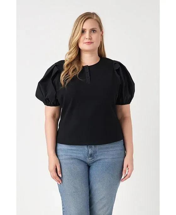 Women's Plus size Mixed Media Puff Sleeve Henley Top