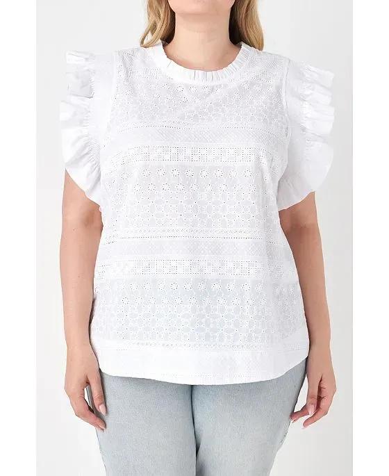 Women's Plus size Ruffle Sleeve Embroidered Cotton Top