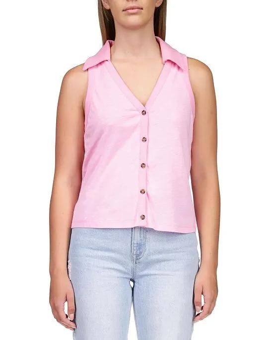 Women's Point Collar Button-Front Sleeveless Top