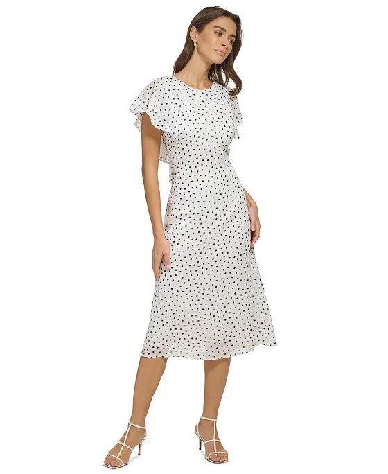 Women's Polka Dot Flutter-Sleeve Lace-Up Midi Dress