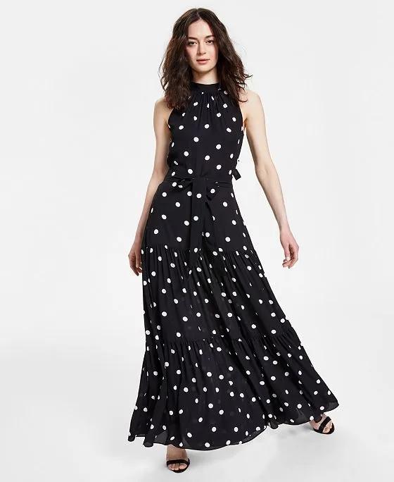 Women's Polka Dot Mock-Neck Sleeveless Maxi Dress