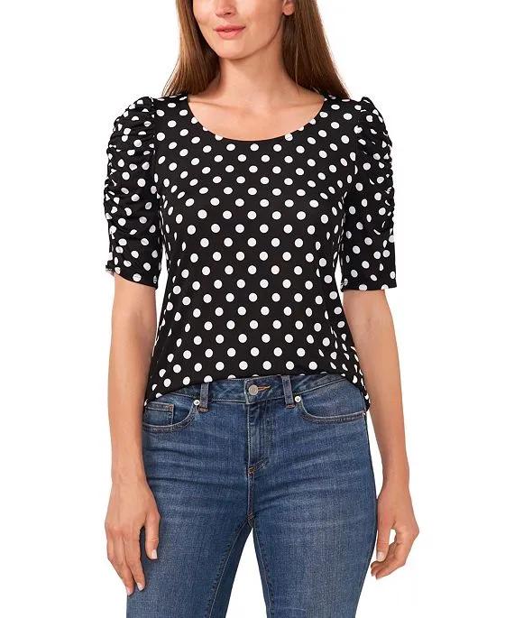 Women's Polka Dot Ruched Elbow Sleeve Knit Top