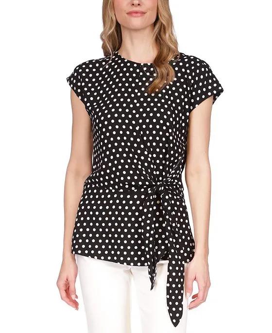 Women's Polka-Dot Short Sleeve Wrap Top, Regular & Petite