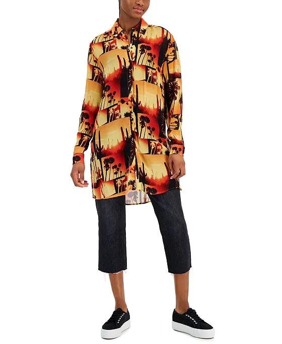 Women's Print-Blocked Button-Down Relaxed Tunic