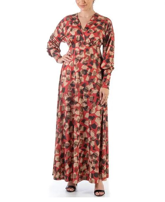 Women's Print Dolman Long Sleeve Flowy Maxi Dress