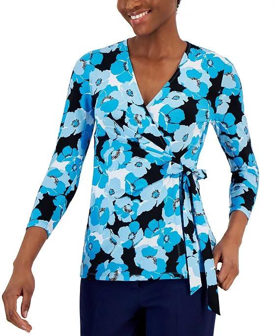 Women's Printed 3/4-Sleeve Faux-Wrap Top