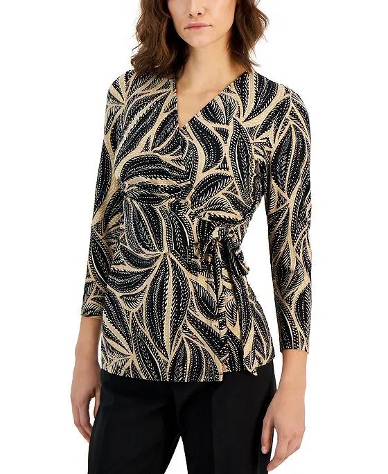 Women's Printed 3/4-Sleeve Faux-Wrap Top
