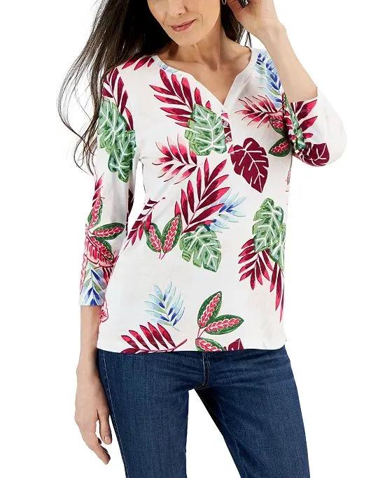 Women's Printed 3/4 Sleeve Knit Henley Top, Created for Macy's