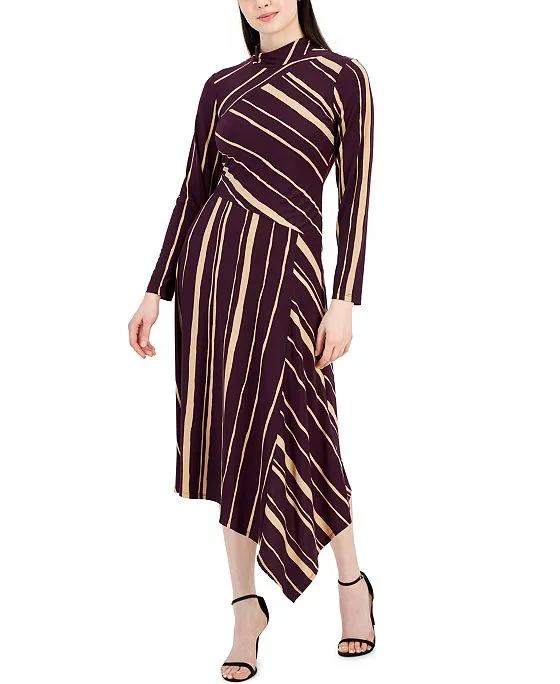 Women's Printed Asymmetrical-Hem Long-Sleeve Dress