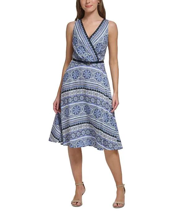 Women's Printed Belted Fit & Flare Dress