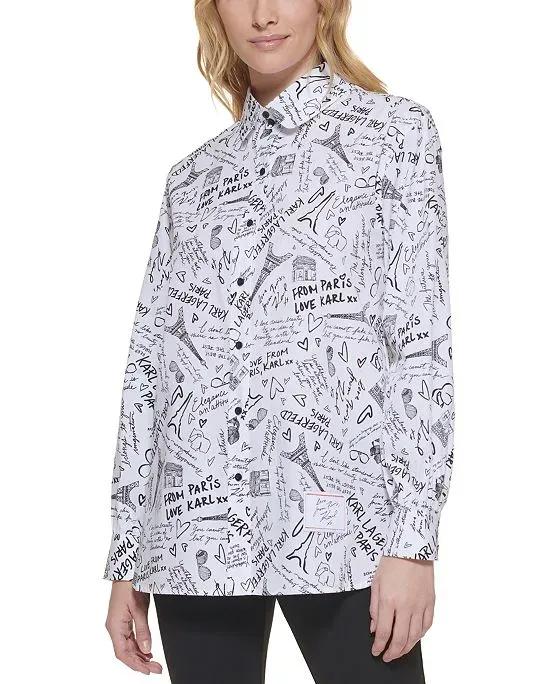 Women's Printed Button-Front Cotton Top