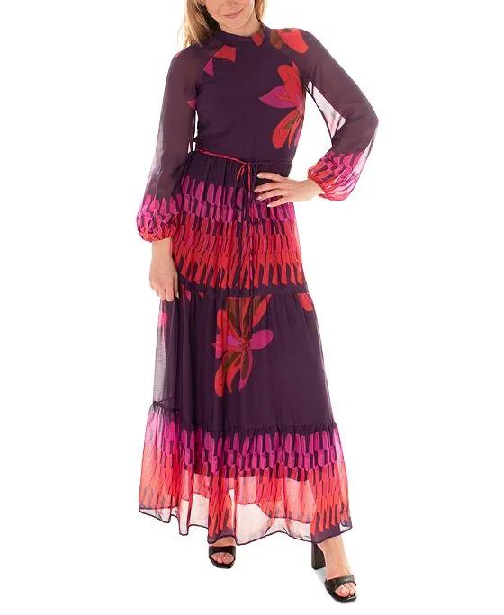 Women's Printed Chiffon Mock-Neck Maxi Dress