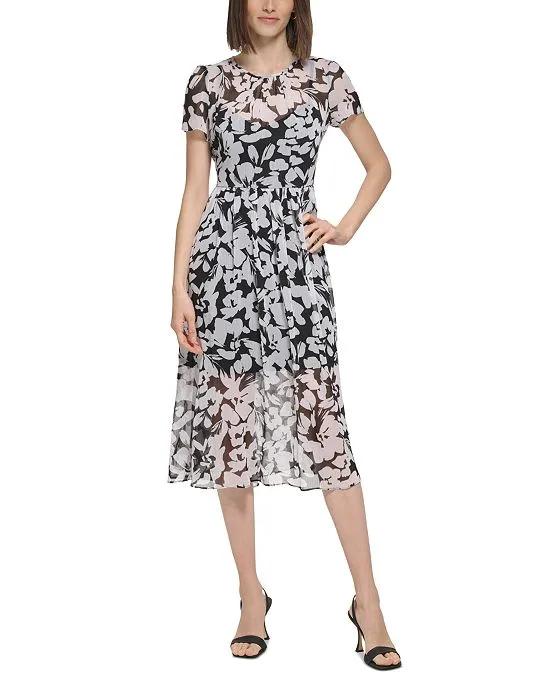 Women's Printed Chiffon Short-Sleeve Midi Dress