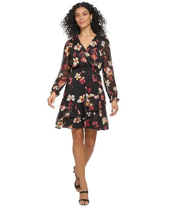 Women's Printed Chiffon Smocked Ruffle-Hem Dress