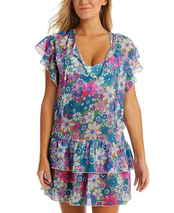 Women's Printed Crazy Daisy Tiered Flutter-Sleeve Tie-Neck Swim Cover-Up